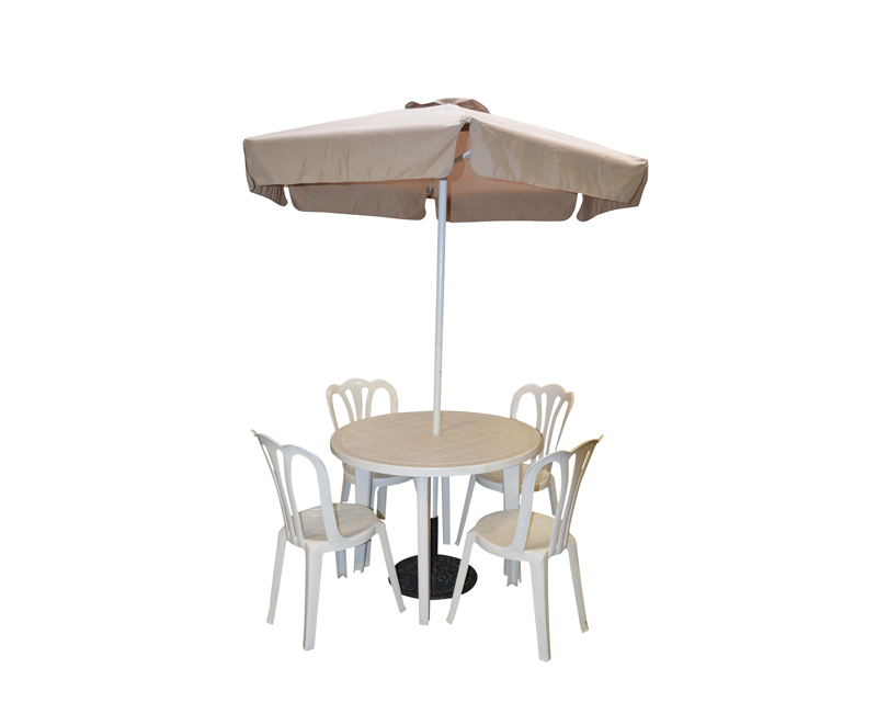 36 INCH WHITE ROUND UMBRELLA TABLE (Seats 4 - umbrella and chairs separate)