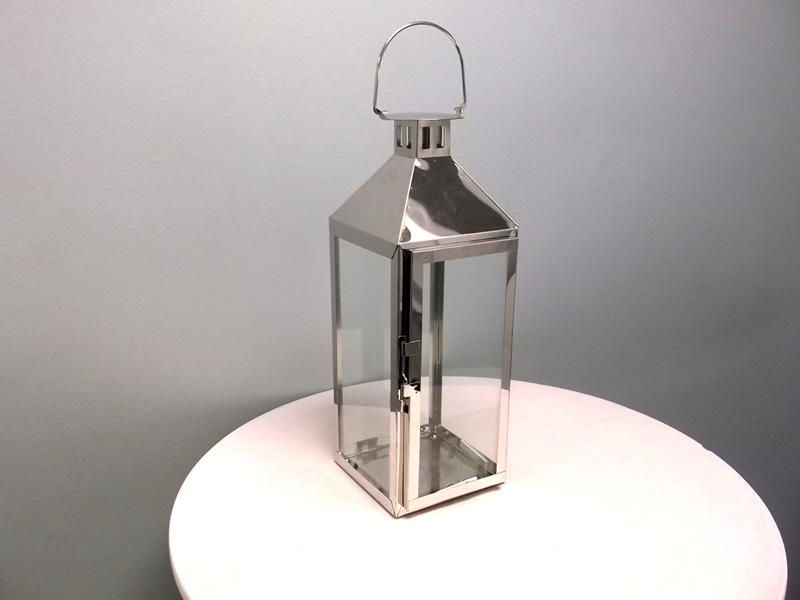 CHROME GLASS LANTERN 16"H x 6"W (Use Pillar or Votive candles not included)