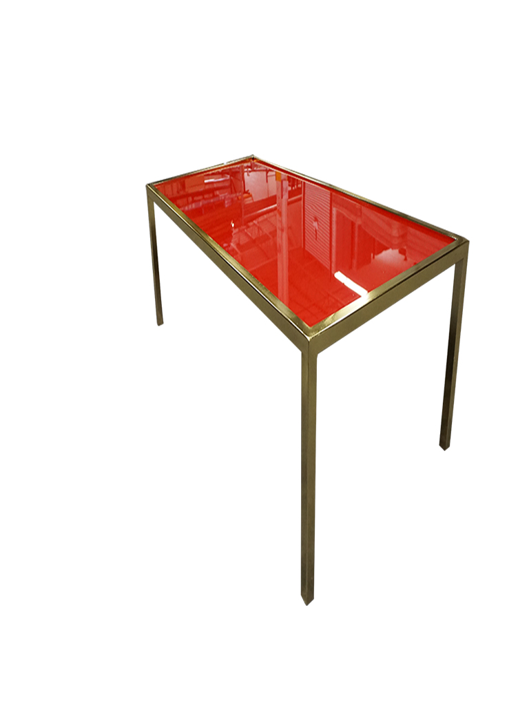 GOLD FRAME COFFEE TABLE 2' X 4' WITH RED PLEXI